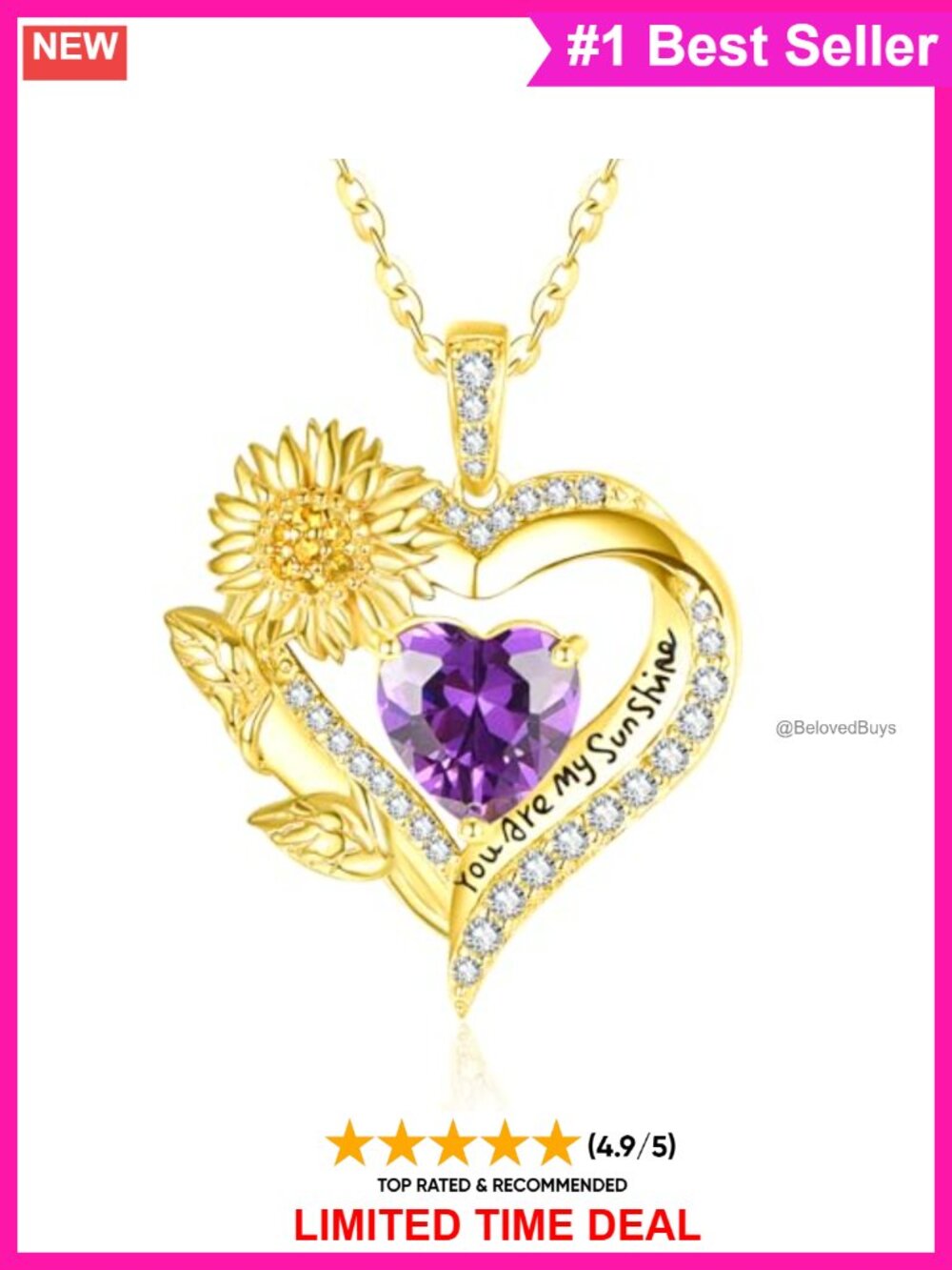 Sunflower Heart Pendant Necklace White Gold Plated Birthstone